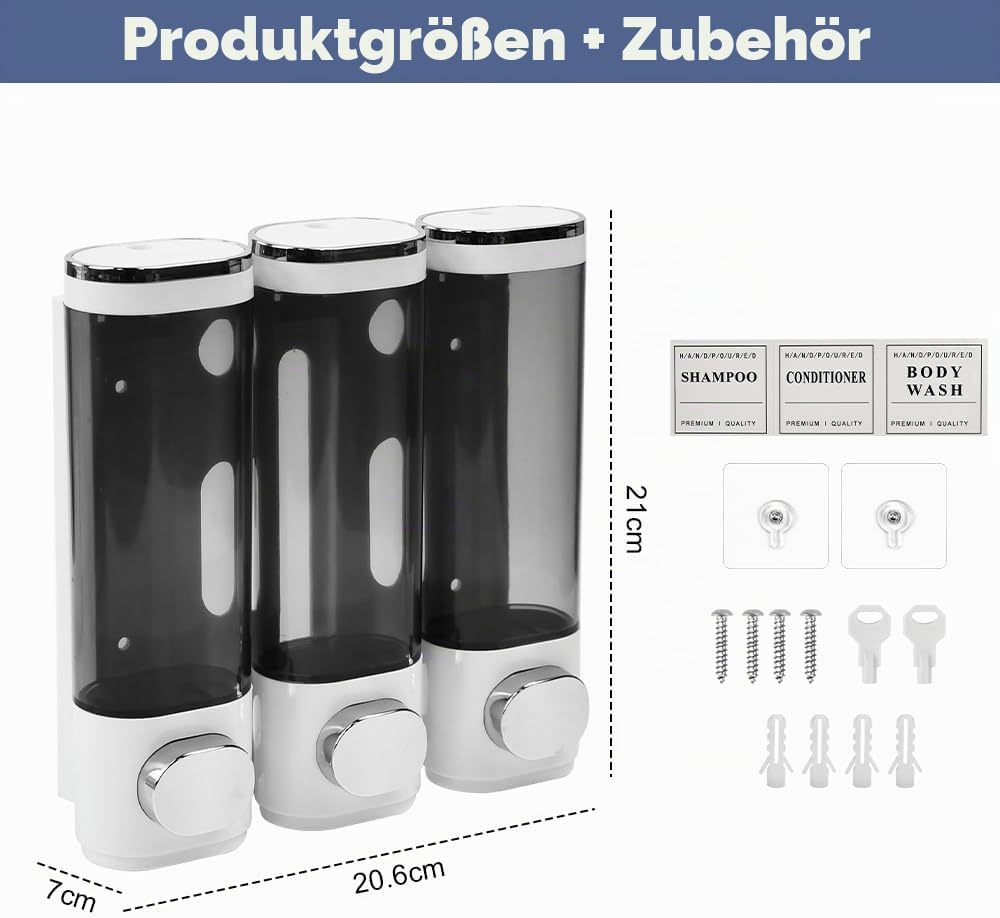 3 Kammern Shampoo Conditioner Dispenser, Seifenspender Wandbefestigung Shampoo Duschgel Spender ohne