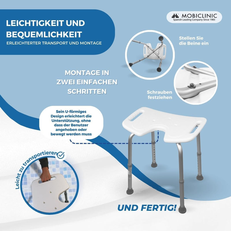 Mobiclinic, Duschhocker, Bahía, Orthopädisch, Europäische Marke, Höhenverstellbar, U-Sitz, rutschfes