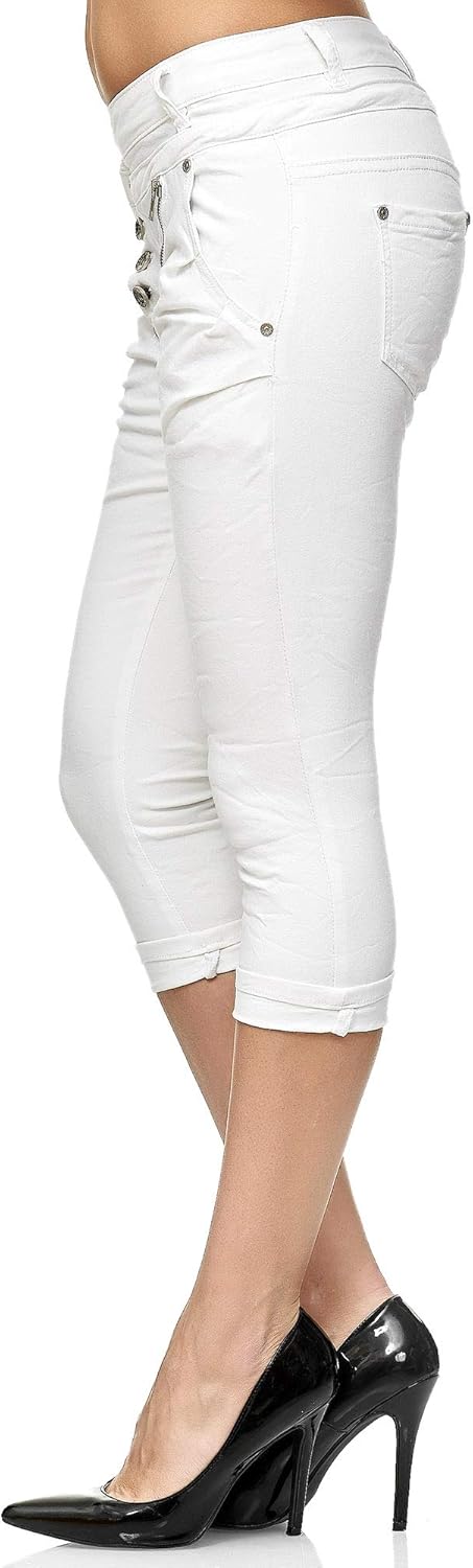Elara Damen 3/4 Jeans Slim High Waist Capri Hose Chunkyrayan 36 Slim Weiss, 36 Slim Weiß