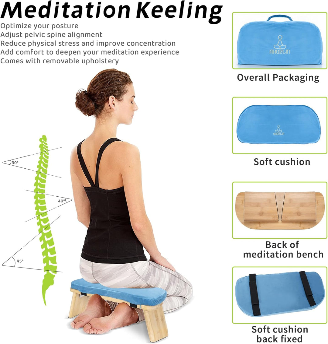 Meditationsbank Klappbar, Ergonomischer Bambus Yoga Hocker, Meditationshocker mit Kissen, Tragbarer