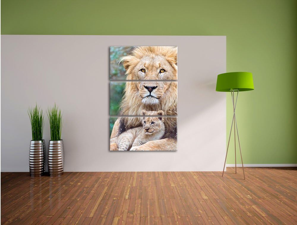 Pixxprint Löwe kuschelt mit Jungtier als Leinwandbild/Grösse: 3 Teilig (120x80) cm/Wandbild/Kunstdru