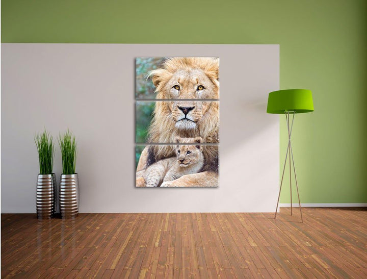 Pixxprint Löwe kuschelt mit Jungtier als Leinwandbild/Grösse: 3 Teilig (120x80) cm/Wandbild/Kunstdru