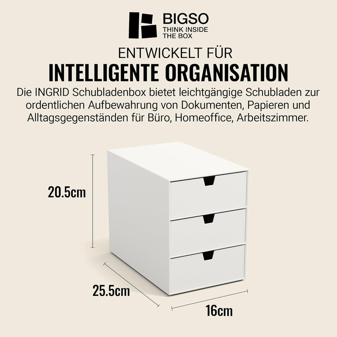 BIGSO INGRID Schubladenbox für Dokumente und Bürobedarf – Schreibtisch Organizer mit 3 Schubladen –