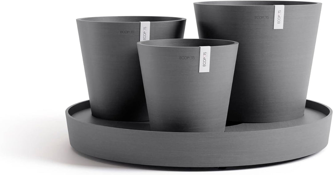 ECOPOTS Blumentopf Set Dubai - grau - 3 Blumentöpfe + rollbarer Untersetzer ø 56 cm - Pflanzentopf a