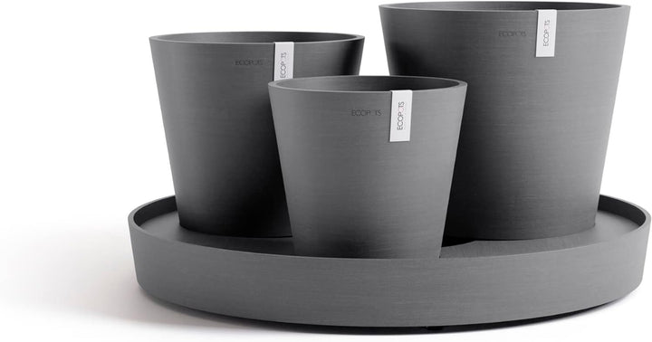 ECOPOTS Blumentopf Set Dubai - grau - 3 Blumentöpfe + rollbarer Untersetzer ø 56 cm - Pflanzentopf a