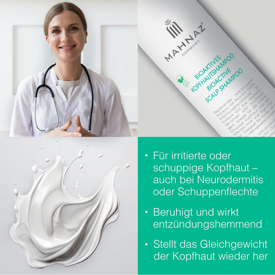 MAHNAZ® Bioaktives Kopfhautshampoo, gegen Schuppen, Juckreiz und fettige Kopfhaut, sanft &amp; wirksam,