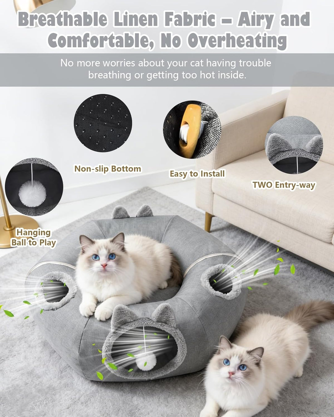 Katzentunnel aus Leinen für den Sommer, XXL Katzentunnel Grosse Katzen mit Schlafplatz & Bed Weiches