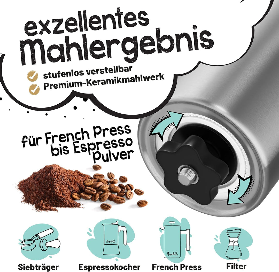 Morgenheld Kaffeemühle Edelstahl manuell stufenloses Keramikmahlwerk mechanische Hand Kaffee Mühle K