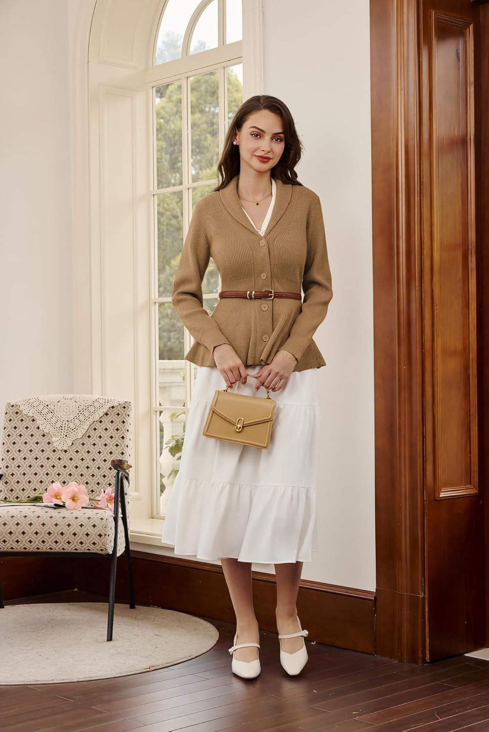 Belle Poque Damen Strickjacke Langarm Reverskragen Cardigan mit Rüschensaum Casual Strickmantel M Br