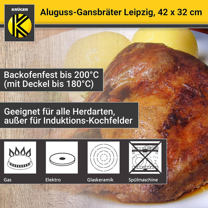 Krüger Aluguss-Bräter - Bräter mit Antihaft-Versiegelung (Aluguss-Gansbräter Leipzig - ohne Induktio