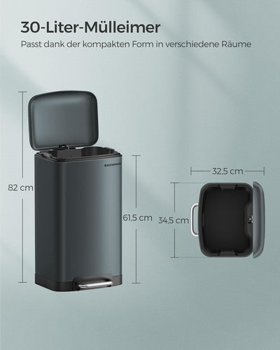 SONGMICS Abfalleimer 30 l, mit Pedal aus Stahl, Inneneimer und Deckel, Griff, weicher Verschluss, lu