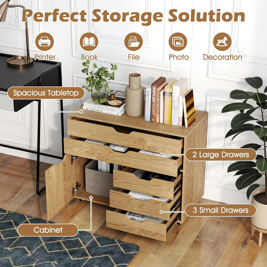 KOMFOTTEU Aktenschrank mit Rollen, Bürocontainer mit 5 Schubladen & 1 Schrank, Rollcontainer Schubla