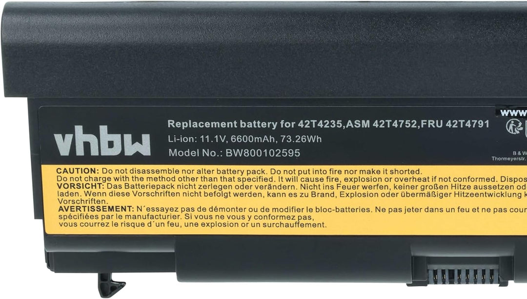 vhbw Akku kompatibel mit Lenovo ThinkPad W510, W510 4389, W520 Notebook (6600mAh, 10,8V, Li-Ion)