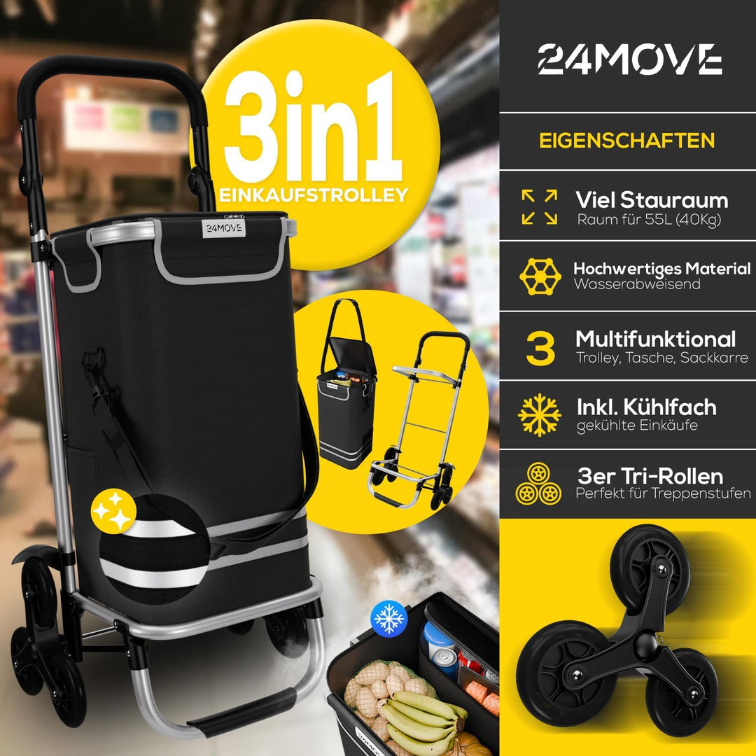 24MOVE® Einkaufstrolley Alegre klappbar mit 55L inkl. Kühlfach, Faltbarer 3in1 Trolley - Sackkarre u
