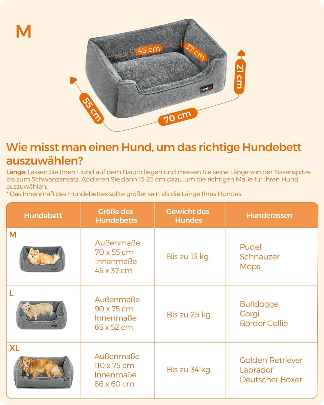 Feandrea Hundebett, Hundekissen in Leinenoptik, Hundekorb, erhöhte Ränder, rutschfeste Unterseite, B