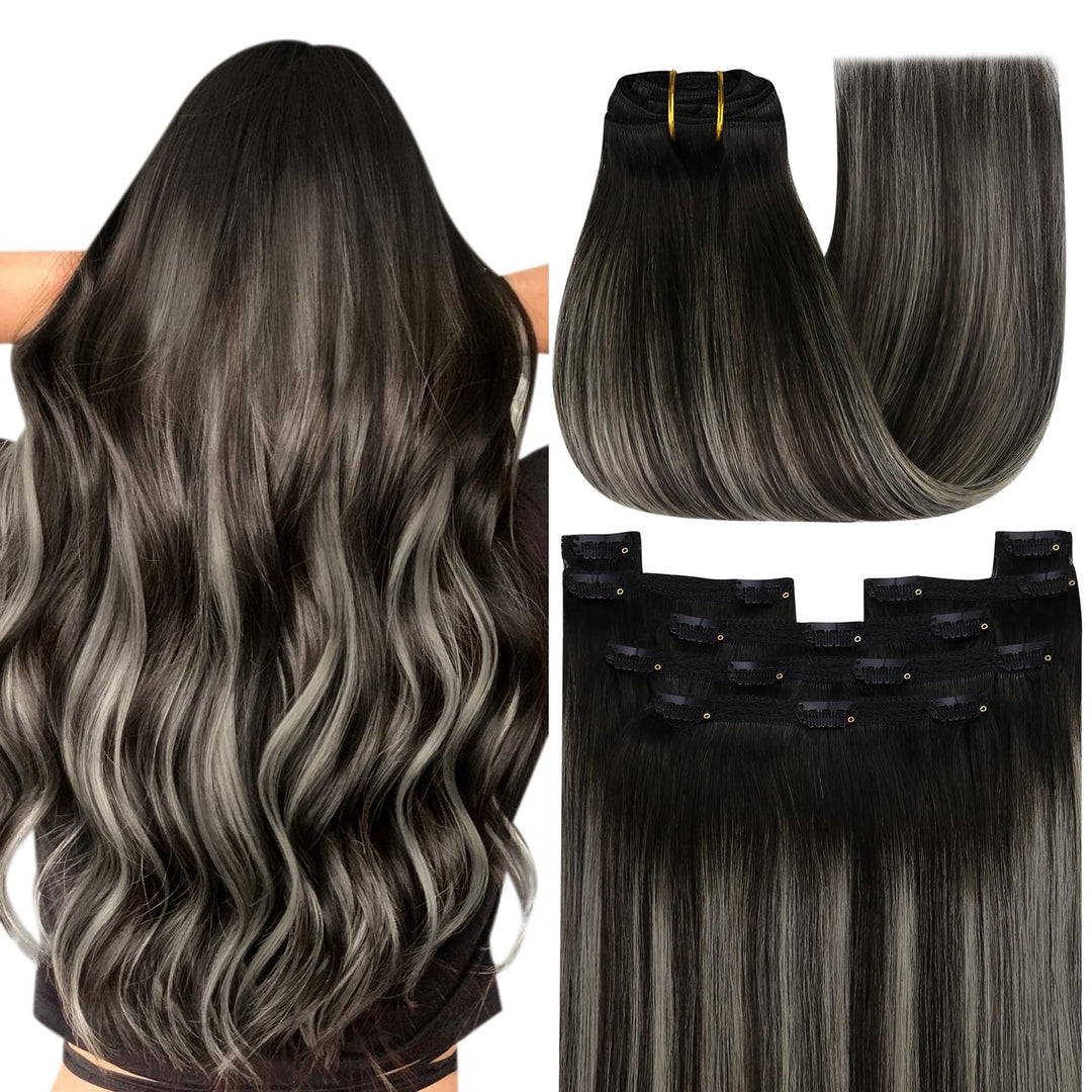 YoungSee Echthaar Extensions Clip Ombre Schwarz 7 Stück 30cm Clip in Extensions Echthaar Schwarz Bal