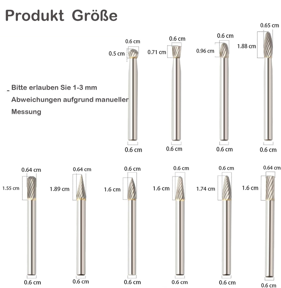 Hartmetall Frässtifte Set,10 Stück Metall Fräser Rotations Bohrer mit 6mm Schaft Hartmetallfräser,Dr