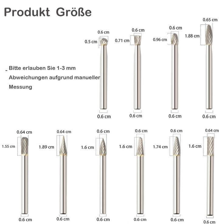 Hartmetall Frässtifte Set,10 Stück Metall Fräser Rotations Bohrer mit 6mm Schaft Hartmetallfräser,Dr