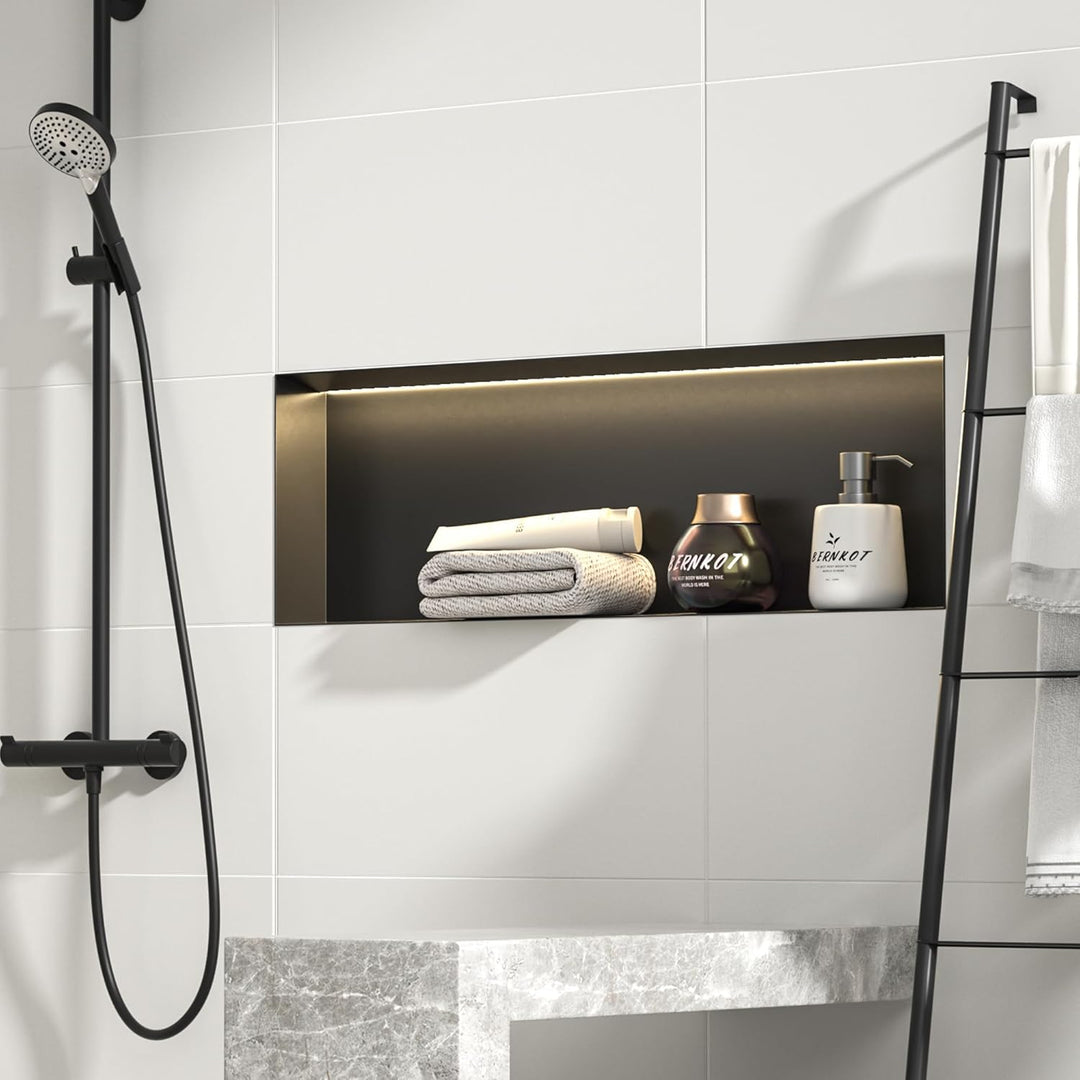 Wandnische Dusche Edelstahl, wasserdichte Nische mit LED-Licht, Eingebettete Duschnische 90x30x10cm,