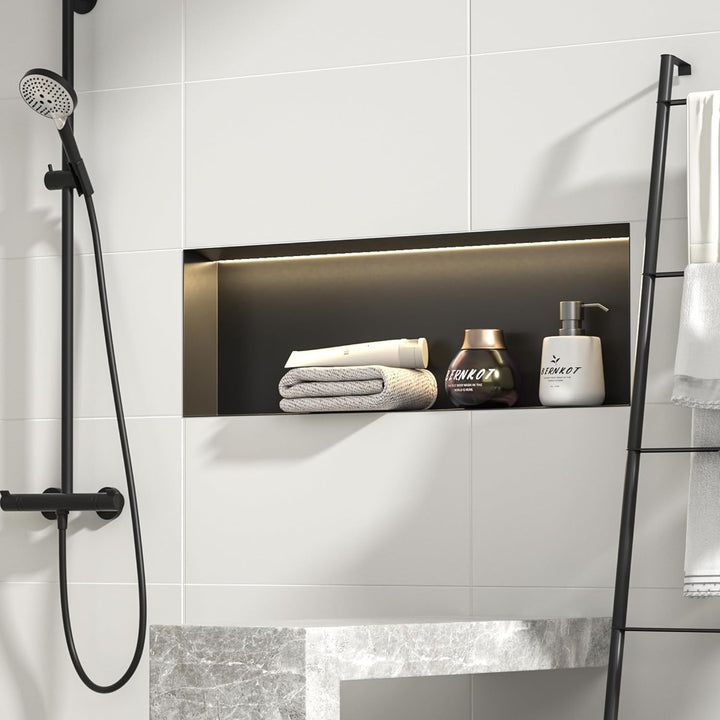 Wandnische Dusche Edelstahl, wasserdichte Nische mit LED-Licht, Eingebettete Duschnische 90x30x10cm,