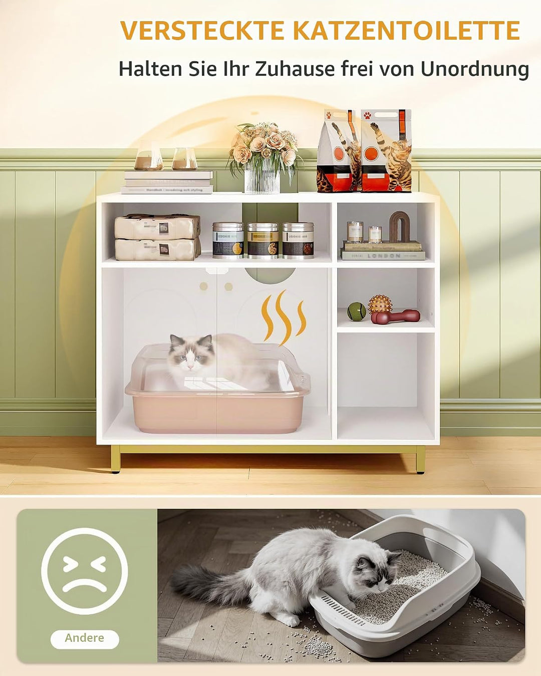 Hzuaneri Katzenschrank, Katzenklo Schrank mit Speicherfunktion, 80 x 45 x 65 cm, Waschbeckenuntersch