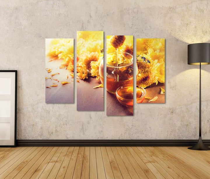 islandburner Bild auf Leinwand Honig Glas Bienen Fliegen Blumen Holzboden Bilder Wandbilder Poster L