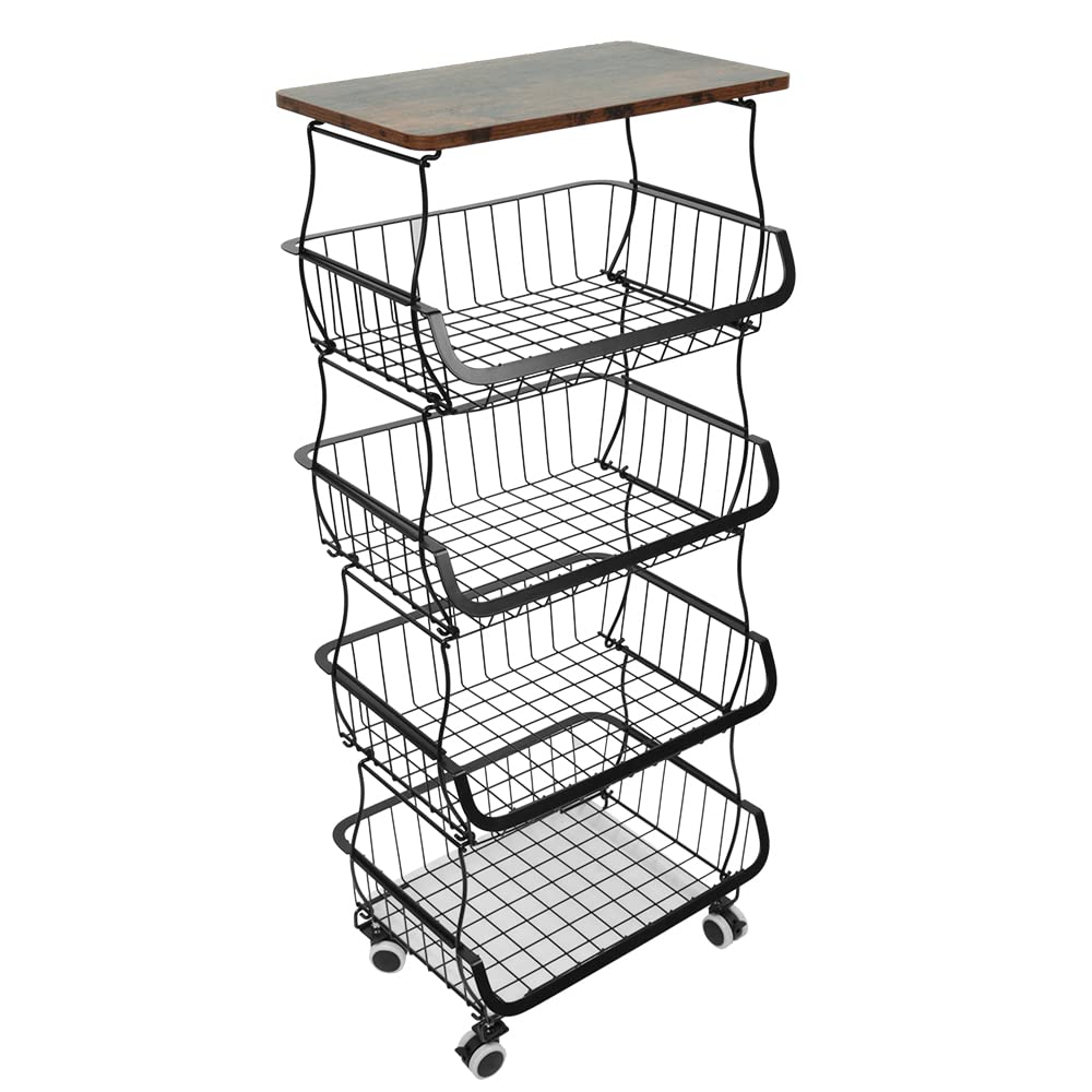 homewell 4-stufiger Gemüsekorb Obstkorb aus Kohlenstoffstahl, für Brot, Gemüse, Snacks und Obst, Pla