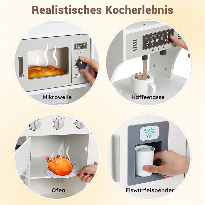 SainSmart Jr. Kinderküche Holz Spielküche für Kinder, Creme – mit Licht & Sound, Eiswürfelspender, M