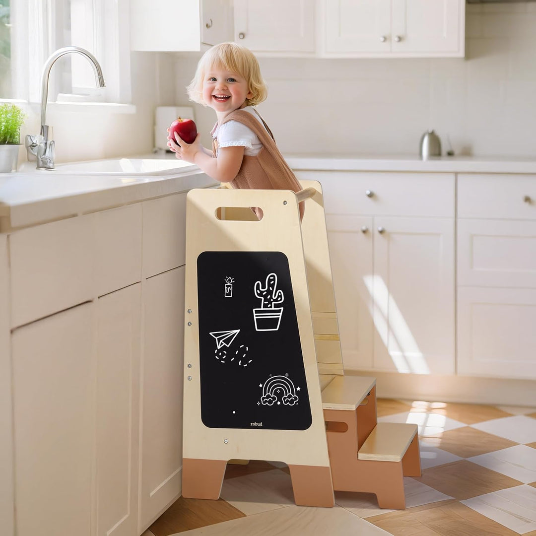 ROBUD Lernturm für Kleinkinder mit abnehmbarem Tritthocker, 2-in-1 Lernturm aus Holz mit Tafel, 3-fa