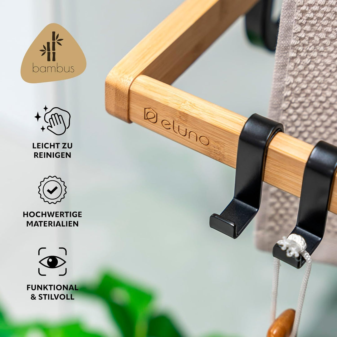 eluno Handtuchhalter für die Glasduschwand aus Metall und Bambus, Handtuchhalter mit 3 Handtuchstang