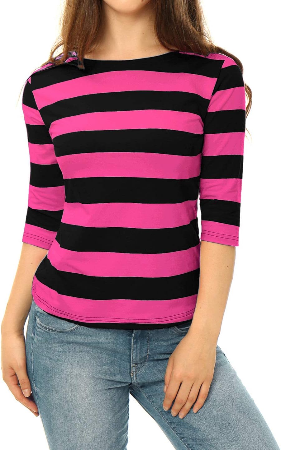 Allegra K Damen Gestreiftes Shirt U Boot Ausschnitt Halbarm Party Ferien Streifen Top Bluse S Fuchsi