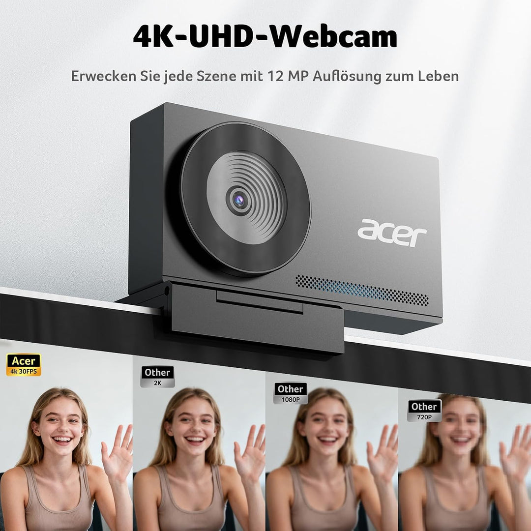 Acer 4K-Webcam für PC und Mac, Sony 1/2-Zoll-Sensor mit PDAF-Autofokus, 2 rauschunterdrückende Mikro