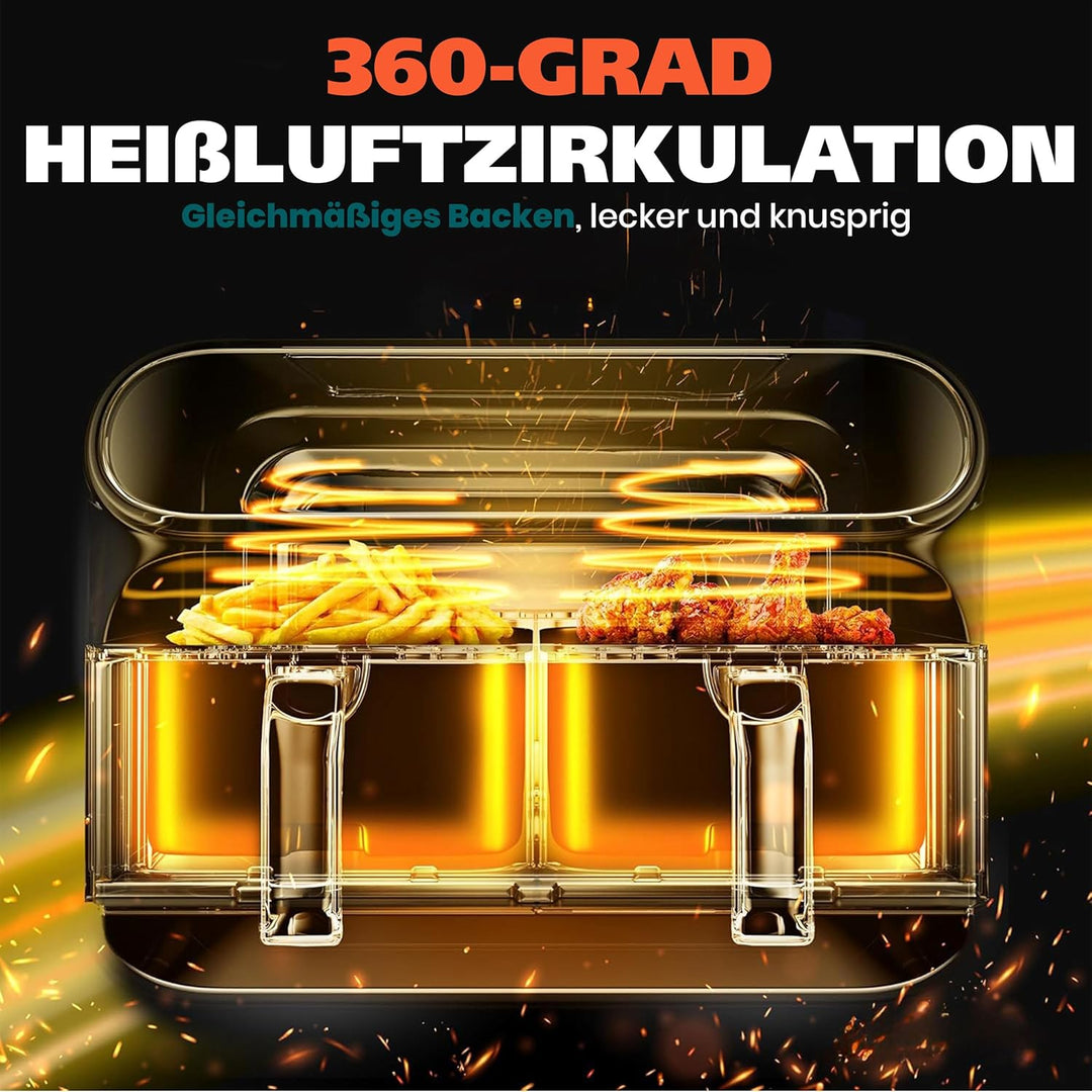 Heissluftfritteuse 9L XXL Profi • 2000W Dual-Zonen Technologie • 10-in-1 Automatikprogramme • 2x Ink