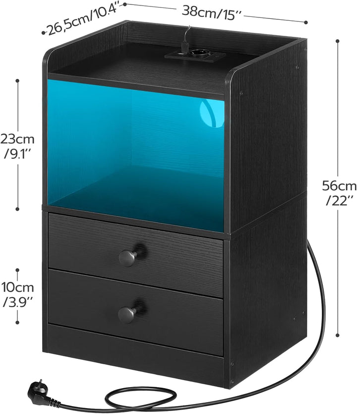 HOOBRO Nachttisch mit LED Streifen, Nachttisch mit Ladestation, Beistelltisch mit 2 Schubladen, Sofa