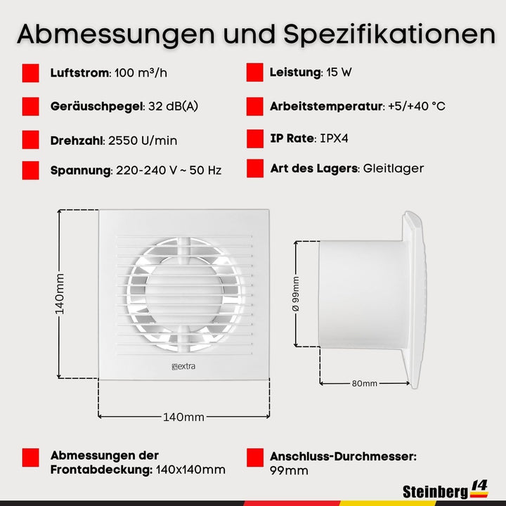 Steinberg14 Badlüfter Ø 100mm mit Feuchtigkeitssensor und Zeitnachlauf (Timer) - Weiss Ventilator Ø