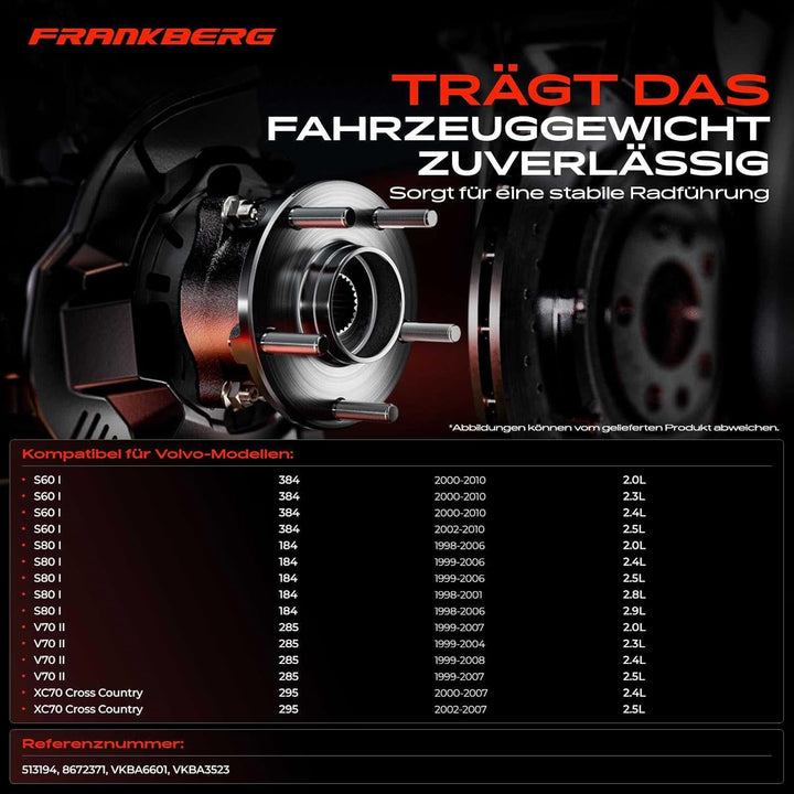 Frankberg 2x Radnabe Radlagersatz Vorne Links Rechts Kompatibel mit V70 II 285 P80 2.0L-2.5L 1999-20