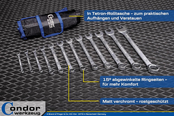 CONDOR Werkzeug 35-12T | Gabel-Ringschlüssel-Satz | 12-tlg. | Chrom-Vanadium-Stahl verchromt | 6-22