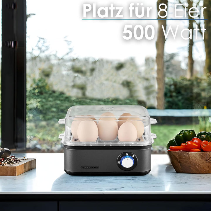 Eierkocher für 1 bis 8 Eier | Warmhaltefunktion | Elektrischer Eierkocher aus Edelstahl 500 Watt | 3