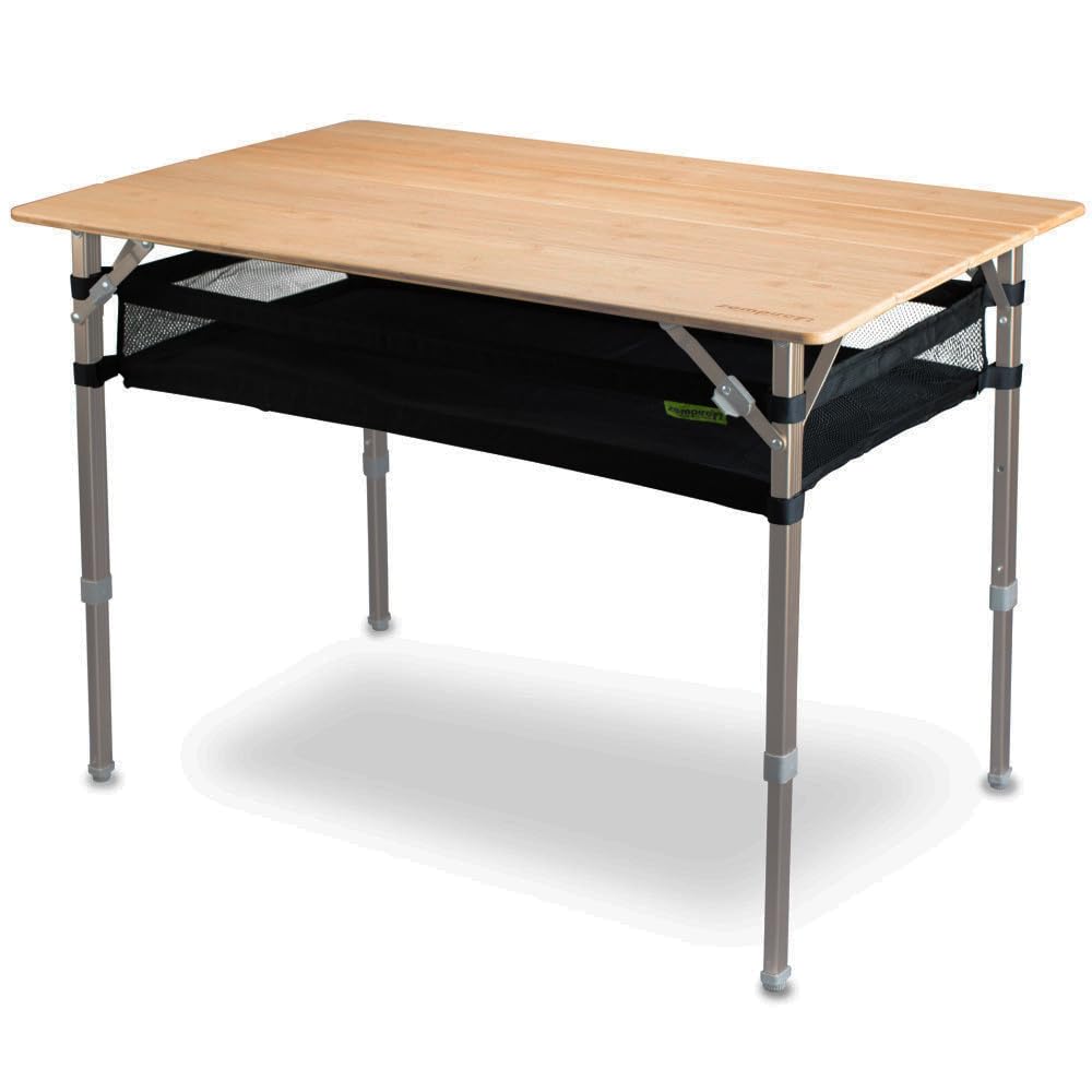 XXL Design Campingtisch mit Bambus-Tischplatte inkl Aufbewahrungsnetz und integriertem Flaschenöffne