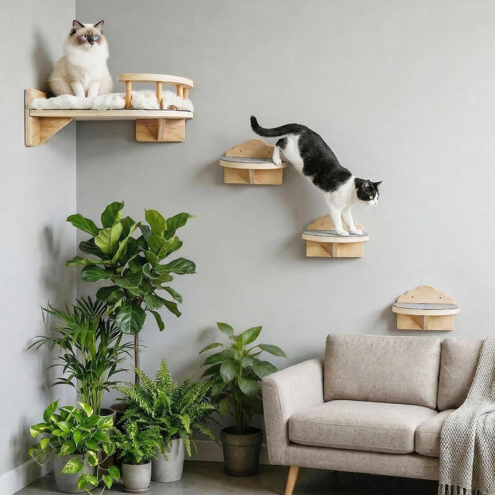 Kletterwand Katzen 4PCS Katzenkletterwand Set Kratzbaum Wand Katze Catwalk Wandelement Wandliege Kat
