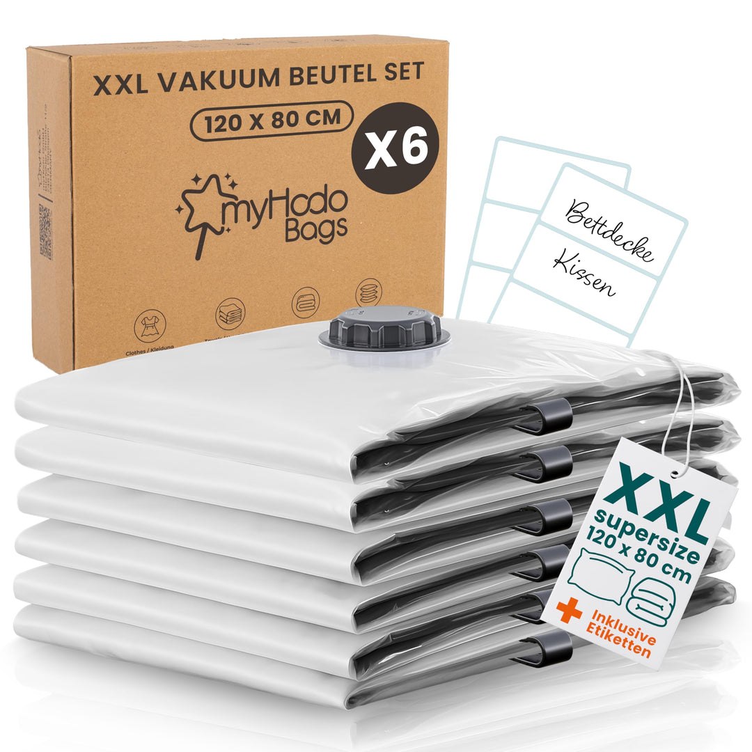 myHodo Vakuumierbeutel Set XXL (6 Stück 80x120 cm) Extra Grosse Vakuumbeutel für Bettdecken, Praktis