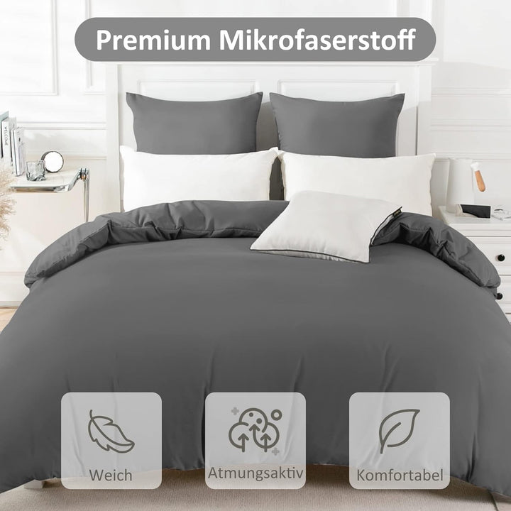 REDKEY Bettwäsche 200x220 3teilig Anthrazit - Bettbezüge 200 x 220 mit 80x80 cm Kissenbezüge, Mikrof