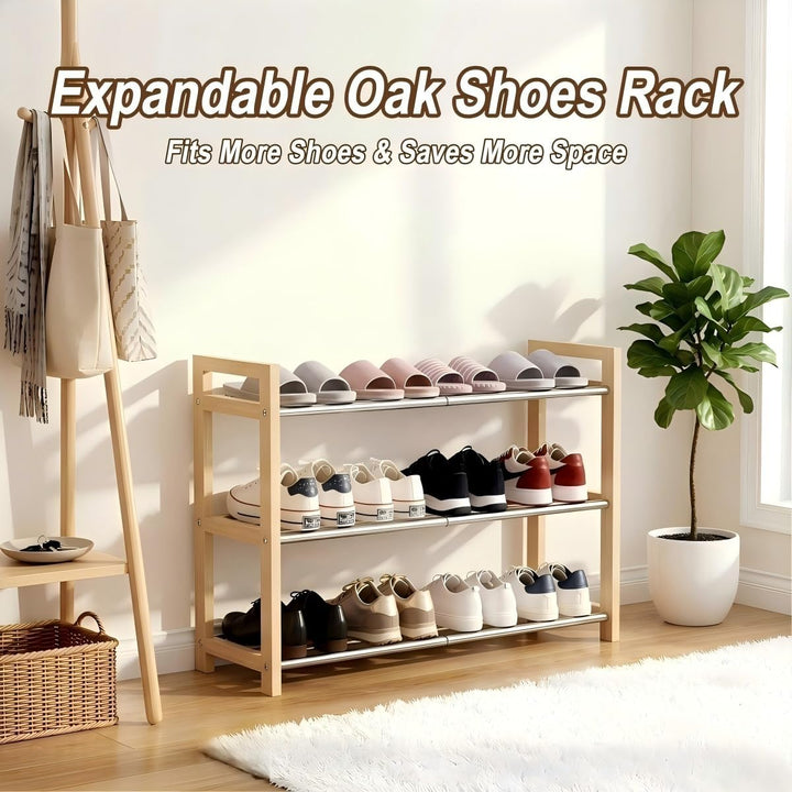 LEMIKKLE Schuhregal Holz Eiche 3-stöckig, Erweiterbar Mit Edelstahl-Elementen, Ideal Für Enge Räume,