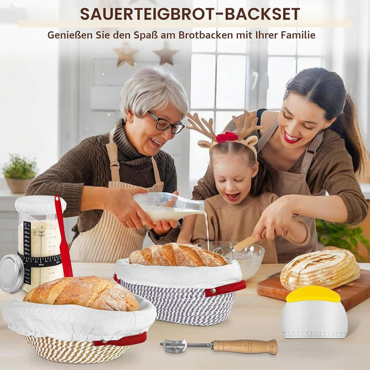 Brot Gärkörbchen Set, 14-Teilig Sauerteig Starter Set mit 2 Gärkörbe Rattan, Sauerteig Starterglas,