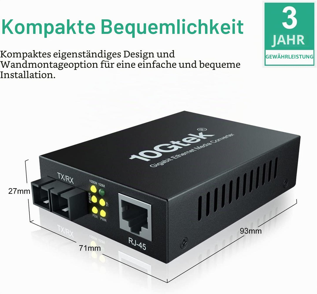 ipolex Gigabit Ethernet Medienkonverter, 1,25G Dual SC Port, SC Glasfaser auf Kupfer RJ45 Glasfaser