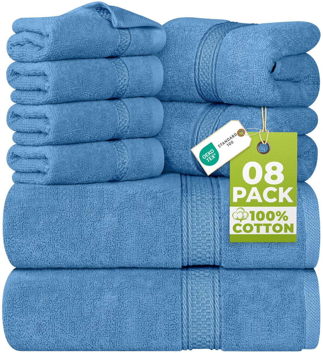8 teilig Handtücher Set aus Baumwolle mit Aufhänger - 2 Badetuch, 2 Handtücher und 4 Washclappen - (
