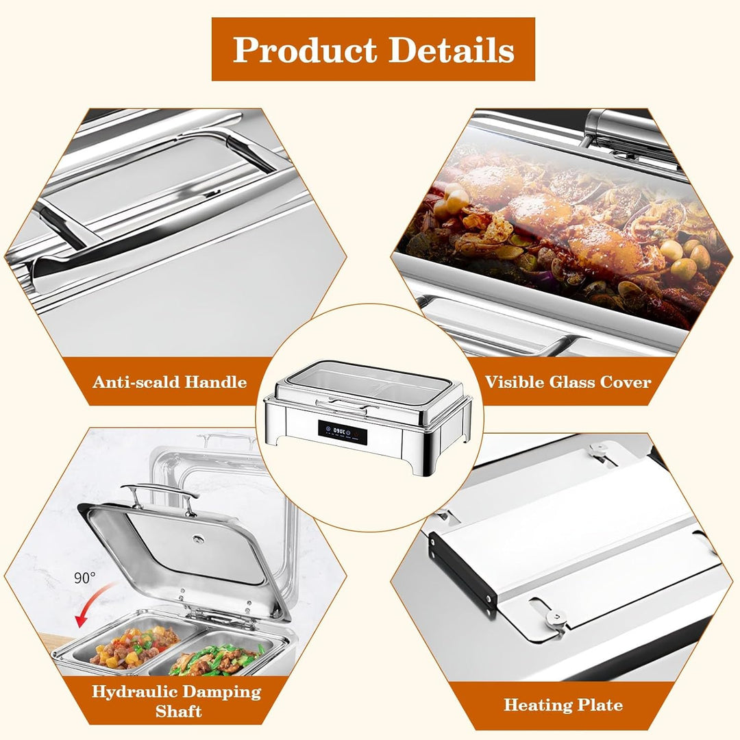 Chafing Dish Elektrisch, 9L Edelstahl Speisewärmer Buffetwärmer Einstellbare Temperatur, Warmhaltebe
