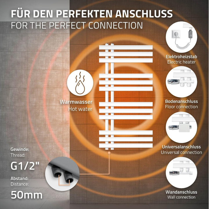 ECD Germany Badheizkörper Elektrisch 500 x 1000 mm Weiss mit Heizstab 600W - Flach Designbadheizkörp