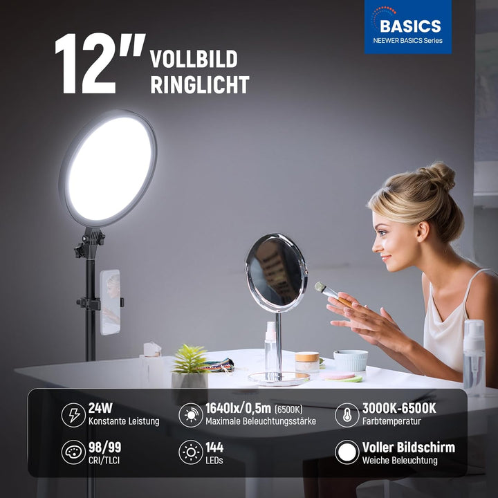NEEWER Basics 12" 24W Grosses Ringlicht mit 173cm Stativ, Handyhalter & Fernbedienung kompatibel mit