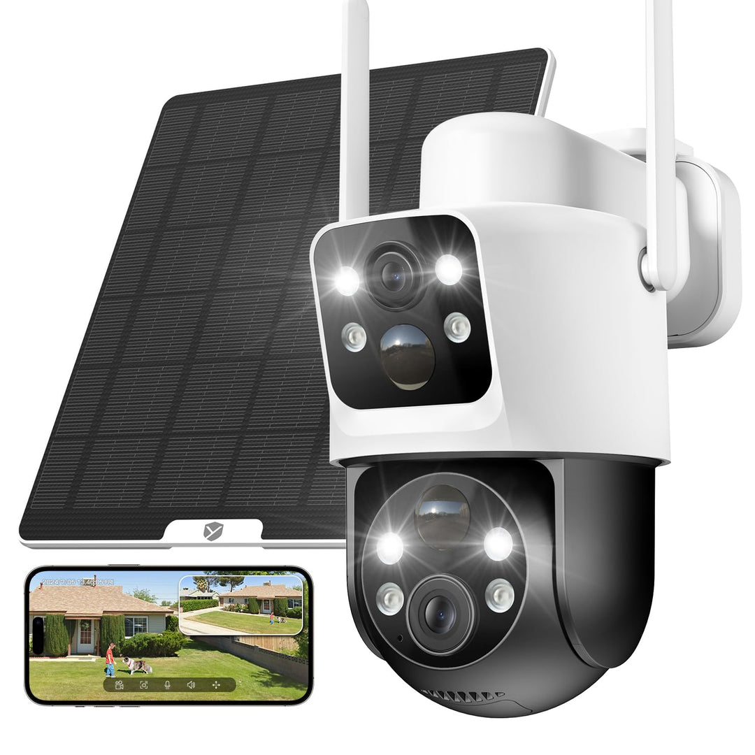 YESKANO 2K Überwachungskamera Aussen Solar, 360° PTZ Solar Kamera Outdoor mit Dual Objektiv, Kabello